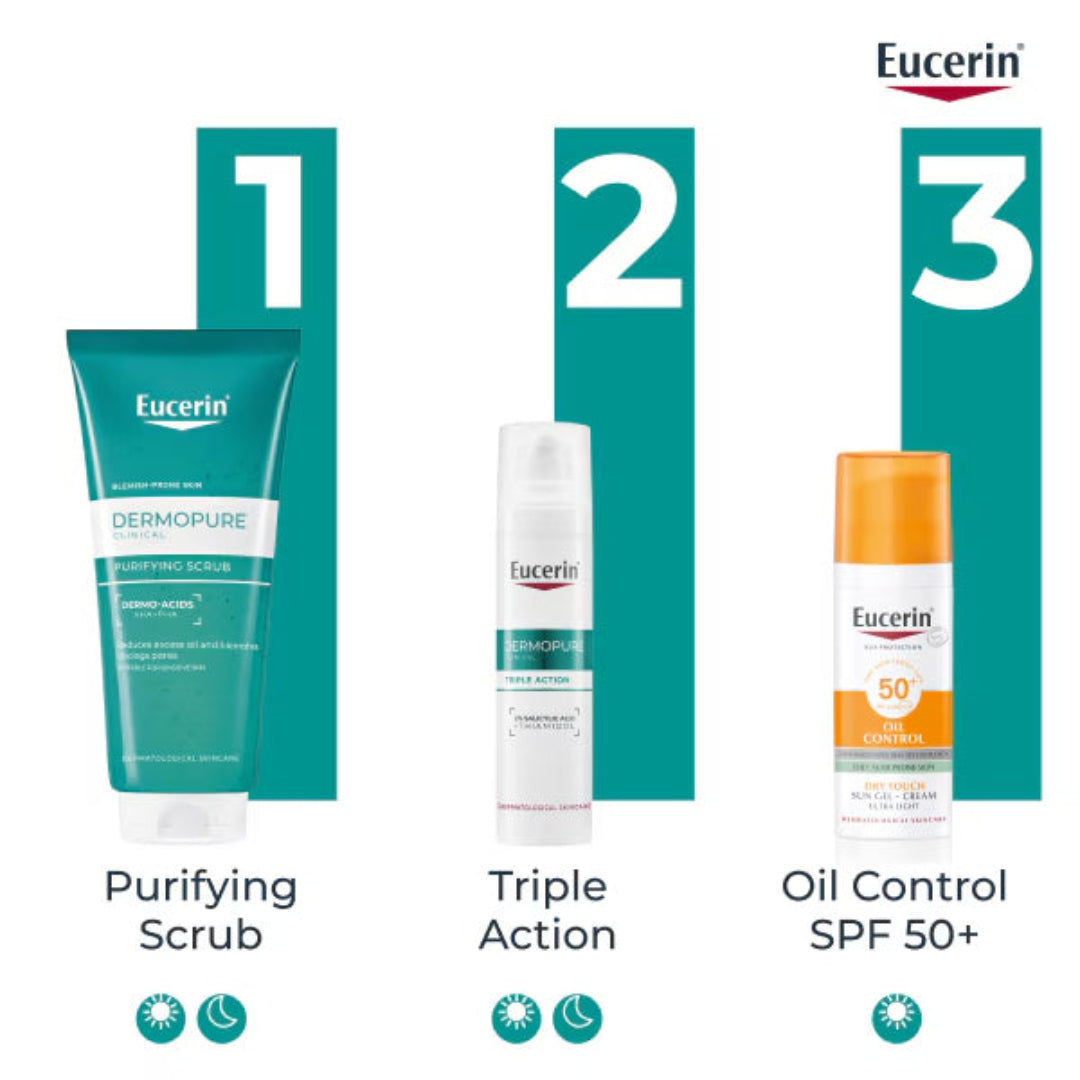 Eucerin skincare products including Purifying Scrub, Triple Action, and Oil Control SPF 50+ on a white background.
