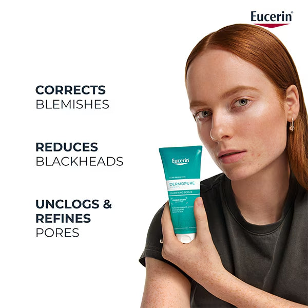 Woman holding Eucerin Dermopure product with text highlighting product benefits on a white background