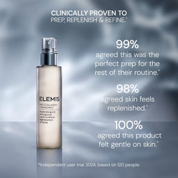 ELEMIS toning mist bottle with customer feedback text on a blurred background