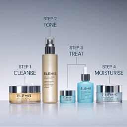 Elemis skincare products with step-by-step instructions on a gray background