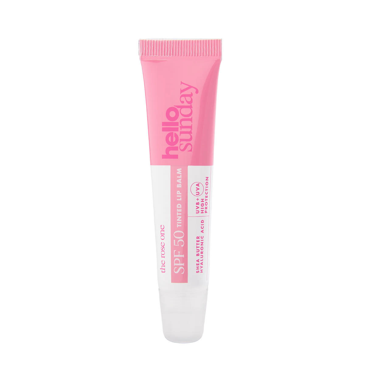 Pink and white lip balm tube with 'hello sunday' branding on a white background