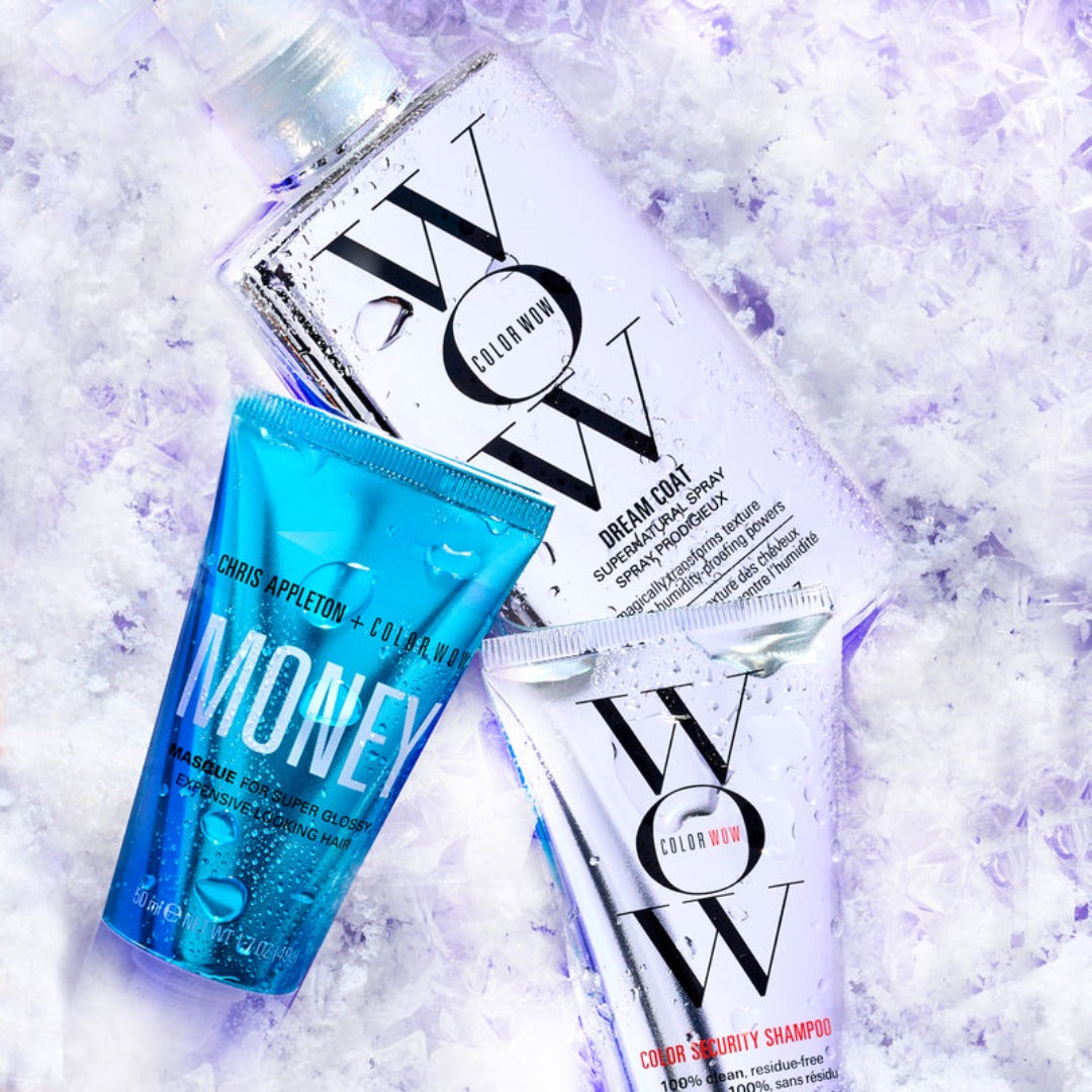 Color Wow Smooth Party Hair kit covered in snow