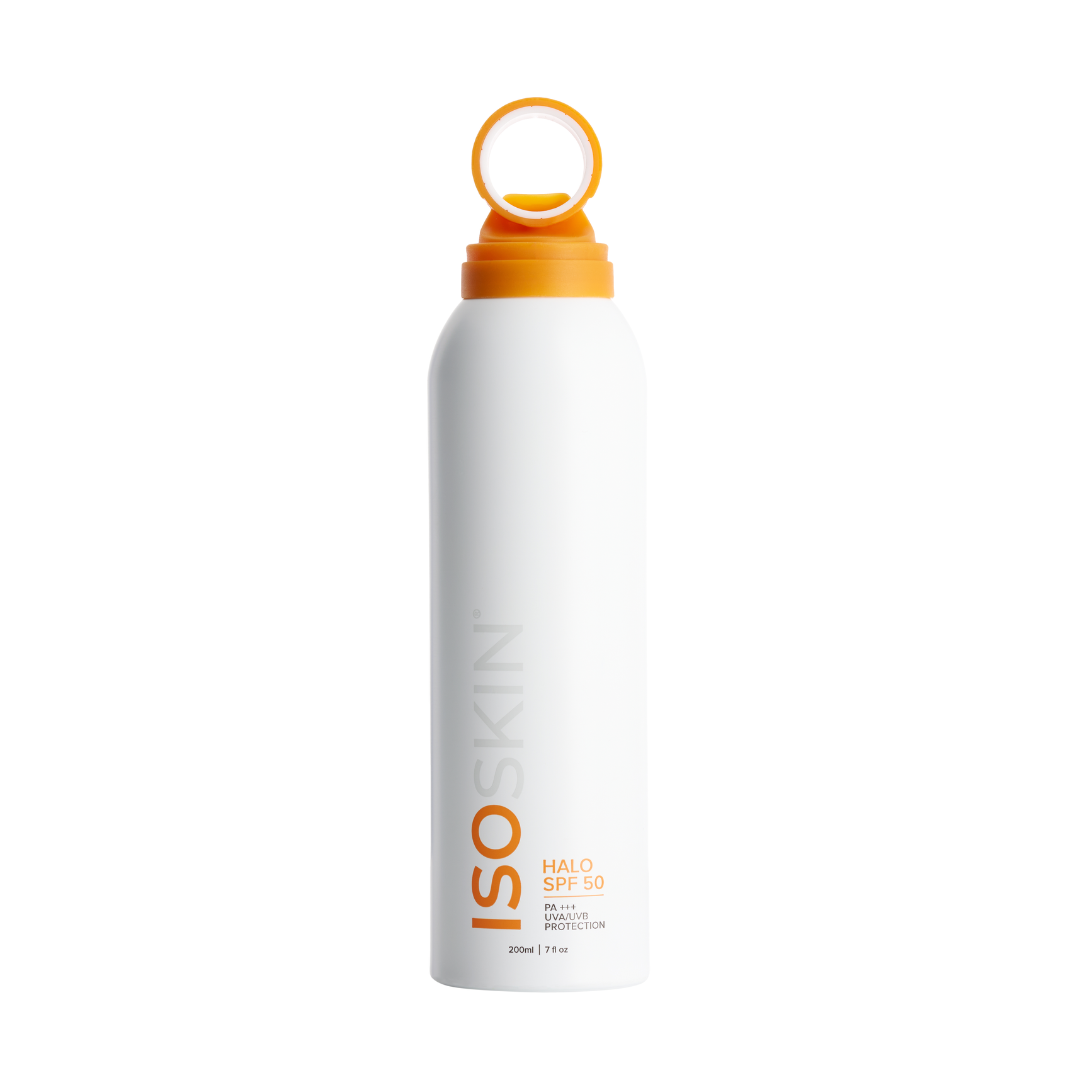 White bottle with orange cap labeled 'ISO Skin' on a white background