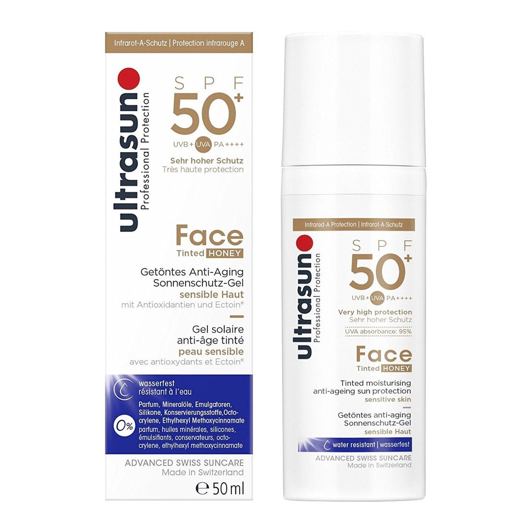 White Ultrasun Face Tinted SPF 50+ Honey bottle next to white box