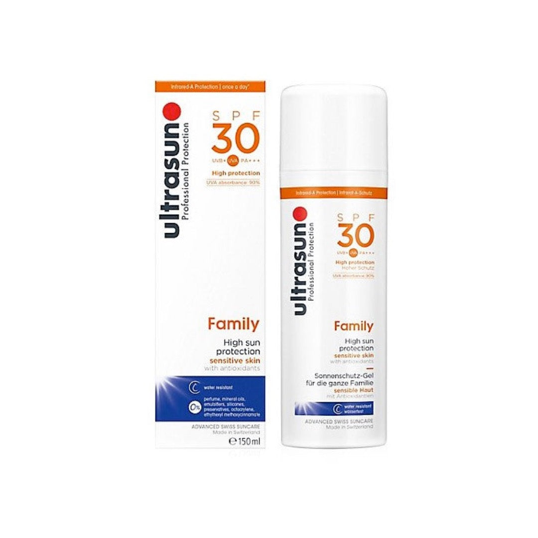 White Ultrasun Family SPF 30 150ml bottle with white box