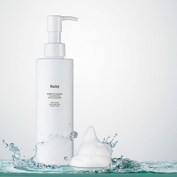 Huxley Cleansing Gel; Be Clean, Be Moist in a pool of water