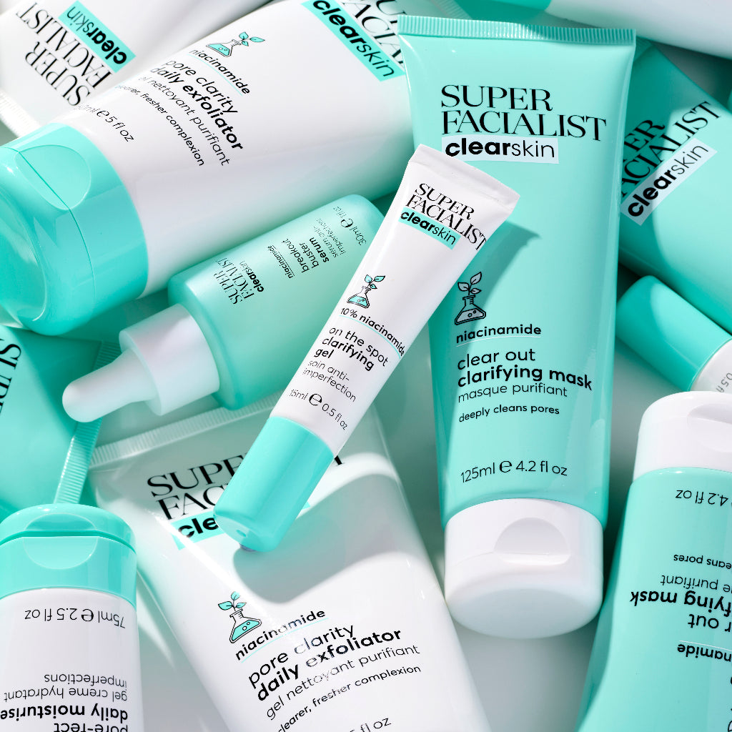 Clear skin spot gel surrounded by full clear skin range